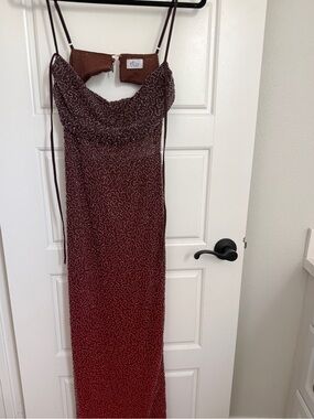 slim fit dress slacks Oh Polly Monte Carlo Embellished Maxi Dress in Red and Orange Ombré main image 1